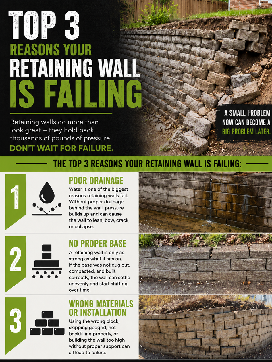 Retaining wall failure infographic showing poor drainage, shifting blocks, and cracking for Augusta GA homeowners