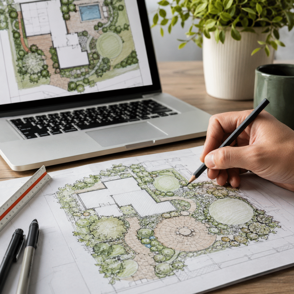 Professional landscape design plan showing a custom outdoor layout with plants, walkways, patios, and landscape features.