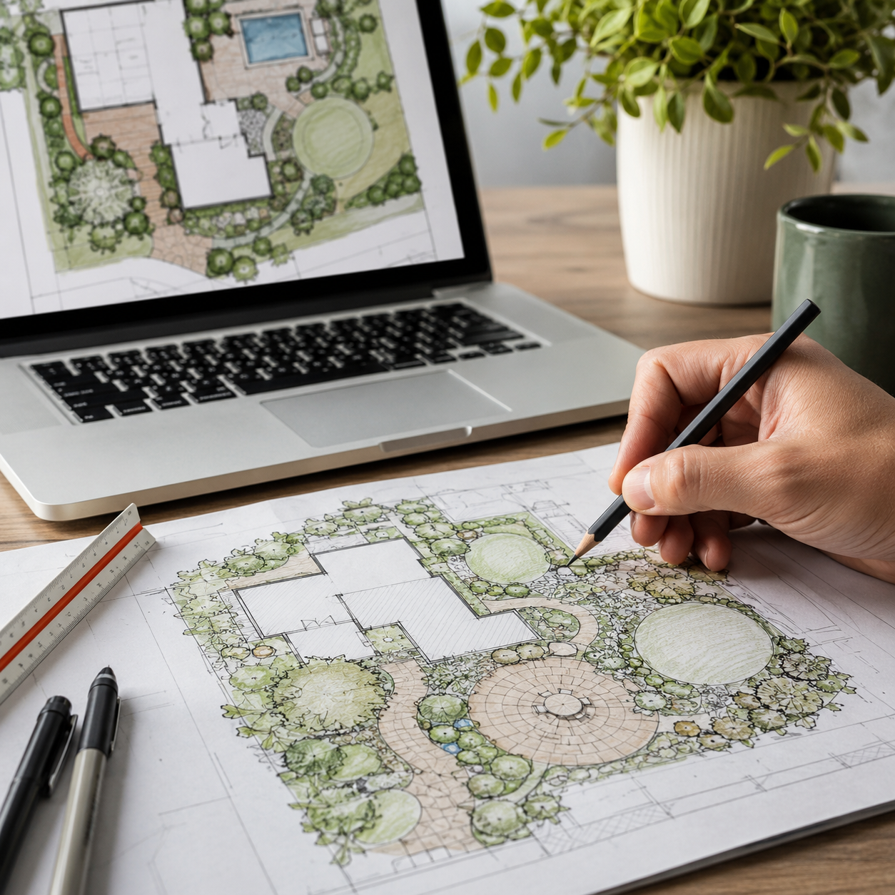 Professional landscape design plan showing a custom outdoor layout with plants, walkways, patios, and landscape features.