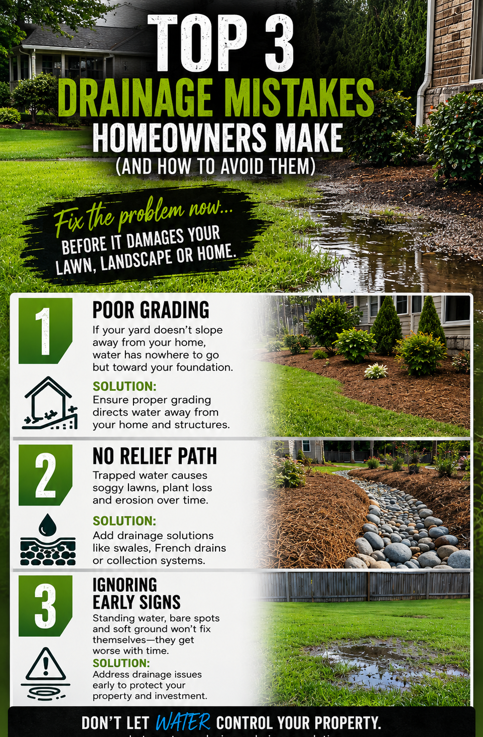 Beasley Landscaping infographic showing three common yard drainage mistakes homeowners should avoid