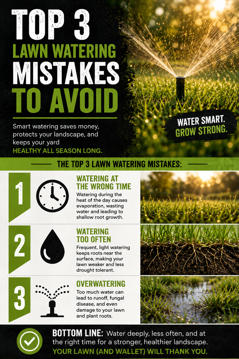 Beasley Landscaping infographic showing the top three lawn watering mistakes to avoid for a healthier landscape