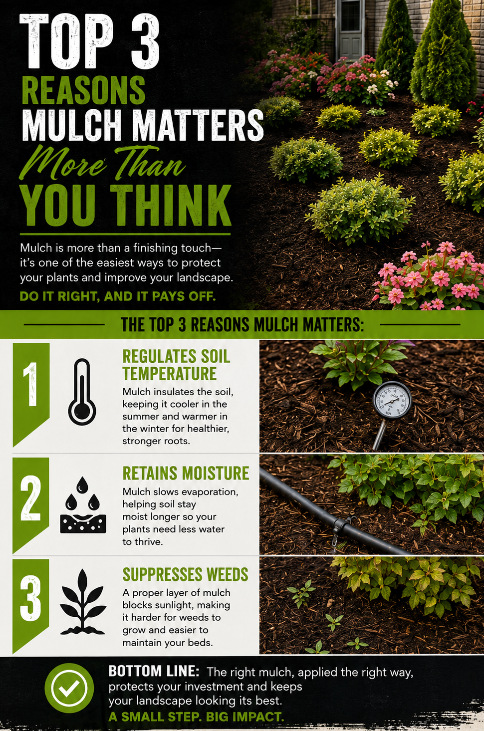 Beasley Landscaping infographic explaining three reasons mulch helps protect plants and improve landscape beds