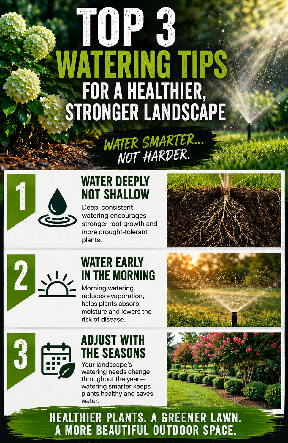Beasley Landscaping infographic with three watering tips for healthier plants and a stronger landscape