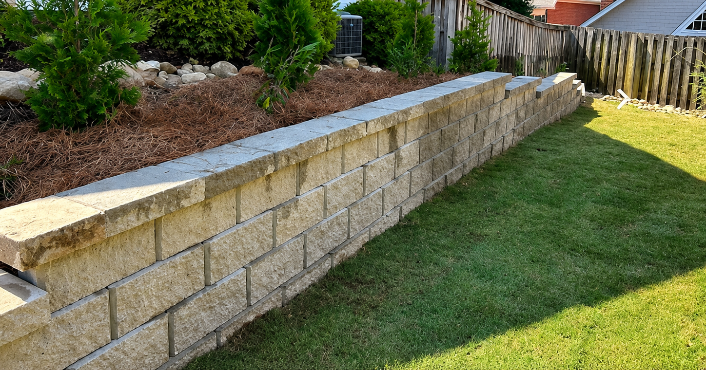 Finished block retaining wall beside a landscaped residential yard with shrubs and lawn